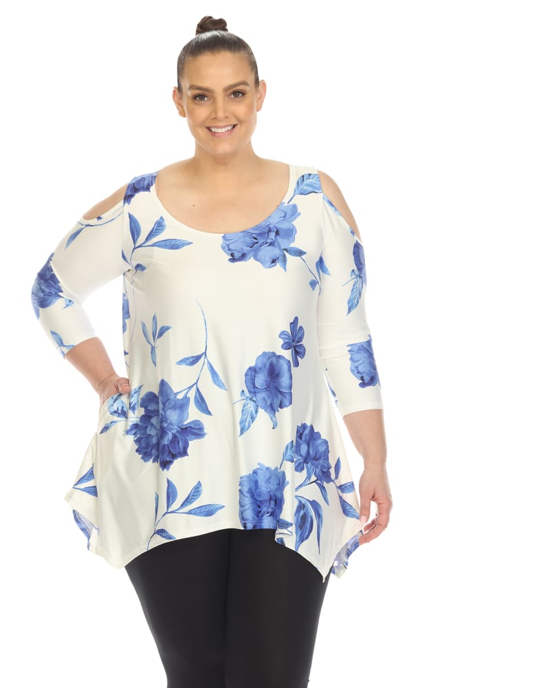 Front of a model wearing a size 2X Antonia Cold Shoulder Tunic in White/Blue by White Mark. | dia_product_style_image_id:282445
